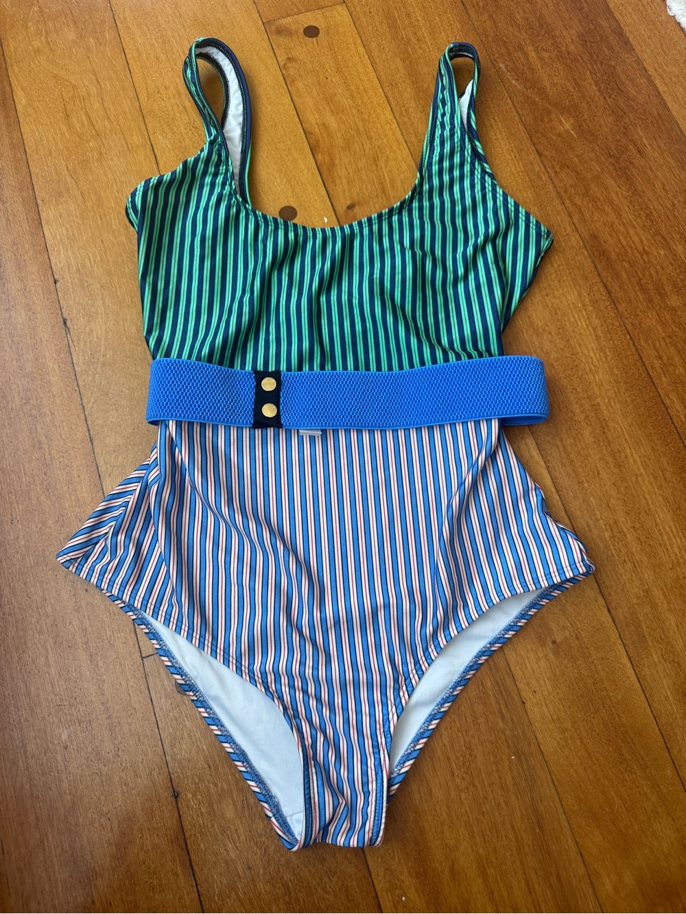 Diane Von Furstenberg Green & Blue Striped One-Piece Swimsuit with Contrast Belt